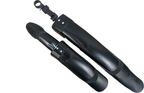 Set van twee zwarte, universele mountainbikespatborden voor voor- en achterwiel, verstelbaar voor 24-27 inch wielen.
