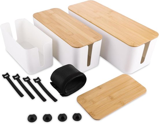Kabelmanagement-box, kabel-organizerbox met houten deksel, groot, middelgrote en kleine kabelmanagement-box, adapter, stekkerdoos, witte doos (S = 23,5 x 11,5 cm
