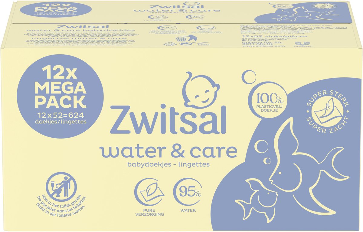 Zwitsal Water & Care Billendoekjes met zachte Zwitsal geur - 624 doekjes - Voordeelverpakking
