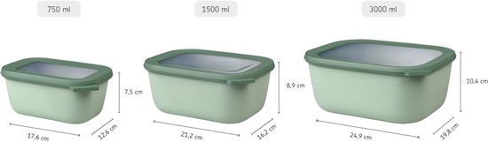 Trois boîtes de conservation Mepal vertes de 750ml, 1500ml et 3000ml.