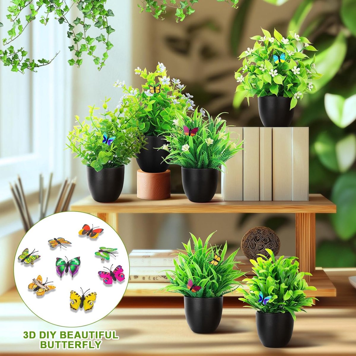 Famanu - 6 stuks kleine nepplanten in potten, kleine kunstplanten binnen en buiten, 6 verschillende gevormde plastic bloemenplanten, badkamerplanten voor thuis, tuin, kantoor, bureau, doucheruimte