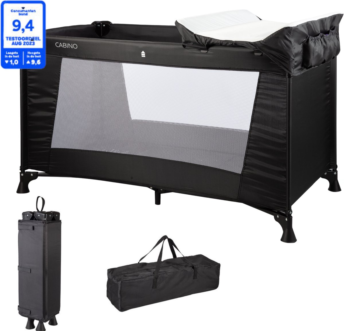 Cabino Campingbedje / Reisbedje met Care set – 120 x 60 cm - Zwart