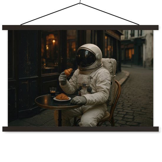 Posterhanger incl. Poster 90x60 cm - Schoolplaat - Café - Croissant - Koffie - Astronaut - Textielposter - Zwarte latten