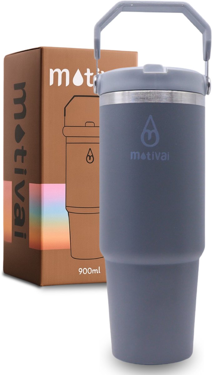 Motivai Flip Straw Tumbler - Grijs - 30oz - Travel Cup - RVS Thermosbeker met Handvat en Rietje - Drinkbeker To Go - 900 ML - Travel Mug - Thermosbeker - Thermosfles - Geschikt voor warme en kouden dranken - Drinkfles - Waterflessen
