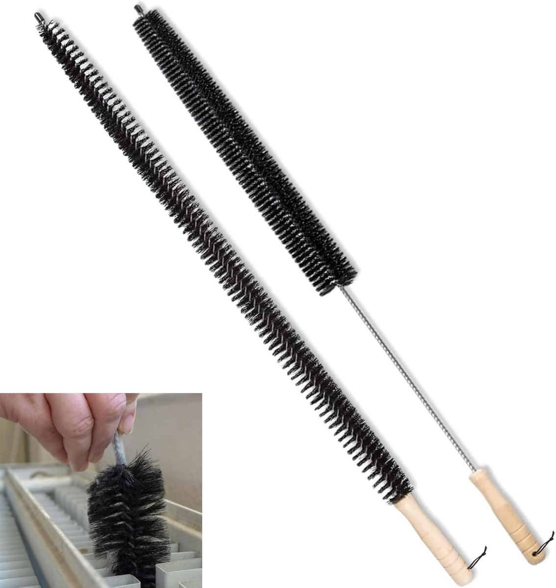 OIMG Kierenborstel met lange steel en stijve borstelharen - 2-pack - Reinigingsset voor drogerventilatie - Radiatorreinigingsborstel - Ideaal voor het reinigen van krappe ruimtes - Ideaal voor het reinigen van meubels - Multifunctioneel - Zwart