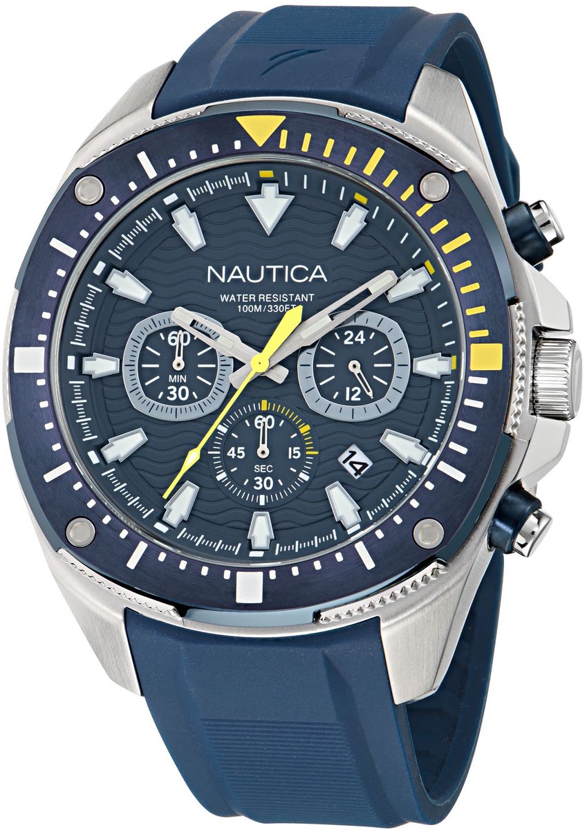 Nautica Nct Bluesail Quartz Analoog Horloge Blauw Material 100% Roestvrij Staal 100% Siliconaarmband 46 mm NAPBSF501, NAPBSF502, NAPBSF503