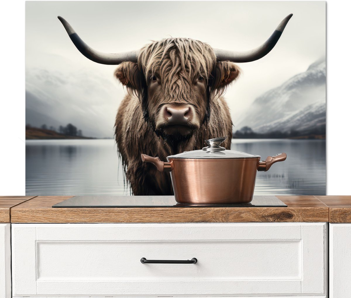 Spatscherm keuken 100x65 cm - Kookplaat achterwand Schotse hooglander - Water - Nat - Muurbeschermer - Spatwand fornuis - Hoogwaardig aluminium