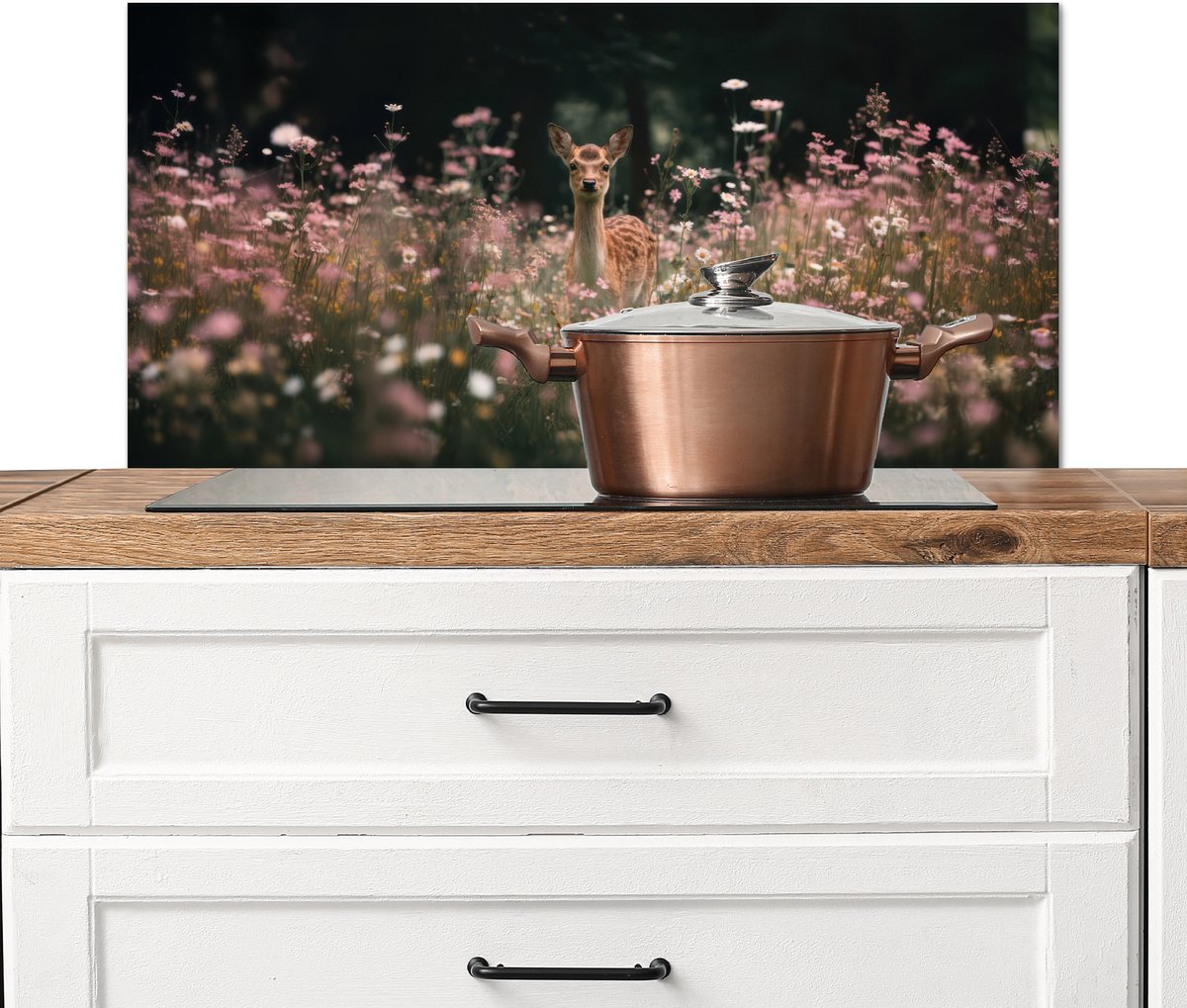 Spatscherm keuken 90x45 cm - Kookplaat achterwand Hert - Wilde bloemen - Bos - Muurbeschermer - Spatwand fornuis - Hoogwaardig aluminium