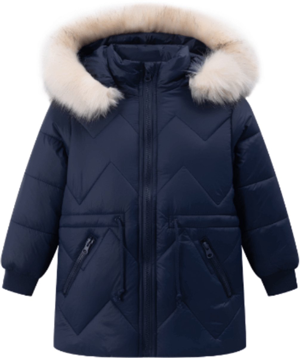 Newness Meisjes Winterjas blauw met capuchon met bontrand maat 140