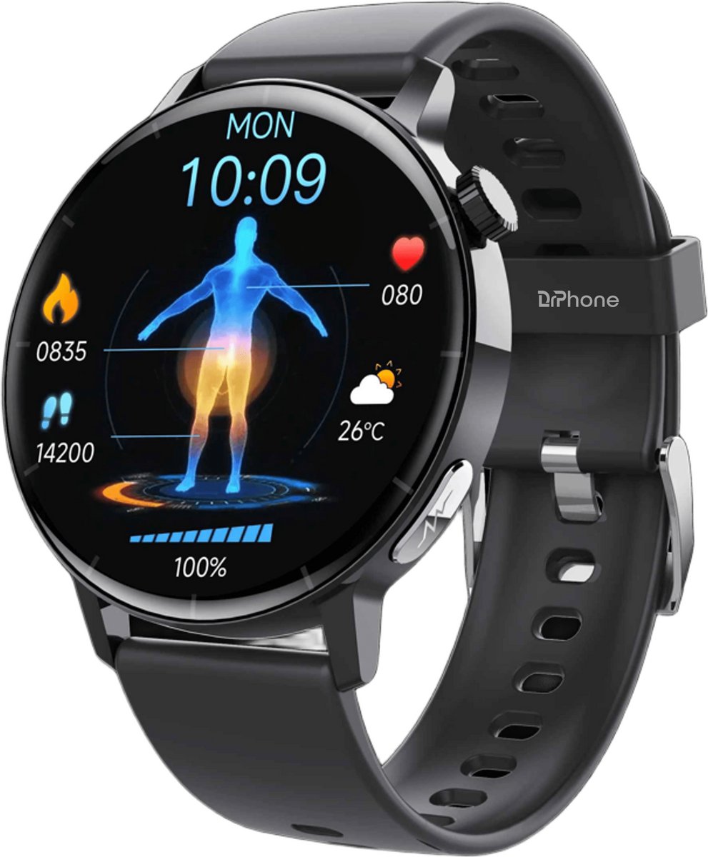 DrPhone ChronaX3 Smartwatch – ECG – Hartslag, SpO₂ - Temperatuur - 158 Sportmodi - Bluetooth Bellen - 1.41” HD - Zwart