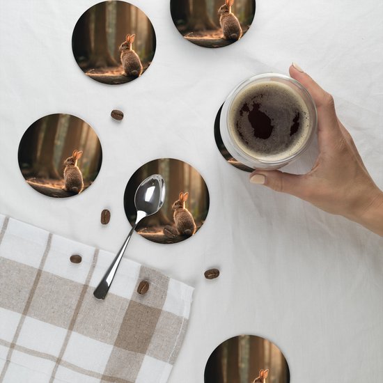 Sous-verres de verre ronds - Lapin - Forêt - Rayons de soleil - 10 x 10 cm - Lot de 6