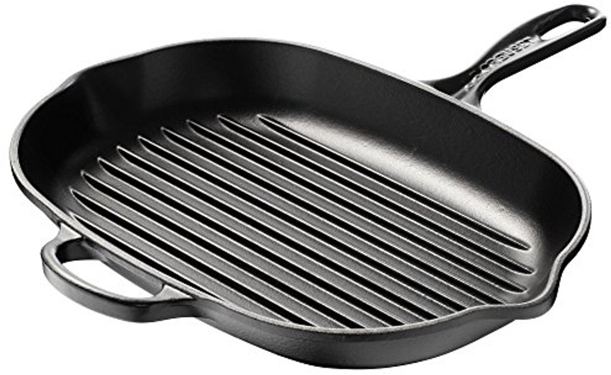 Gietijzeren ovale skillet grillpan met hulpgreep en schenktuiten 32 cm matzwart