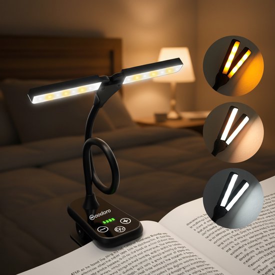 Leeslampje voor Boek Oplaadbaar USB – 8 standen 80 uur lezen – Boekenlampje – Boeklampje met klem – Klemlamp Bedlampjes Leeslampjes – Zwart – Woodoro