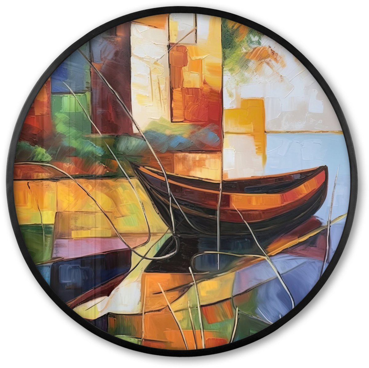 FrameYourWall Poster in lijst Rond - Fotolijst 80x80 cm - Posters - Abstract - Kunst - Boot - Kleuren - Ronde posterlijst zwart - Decoratie - Wanddecoratie woonkamer - Muurdecoratie slaapkamer Abstract - Boot