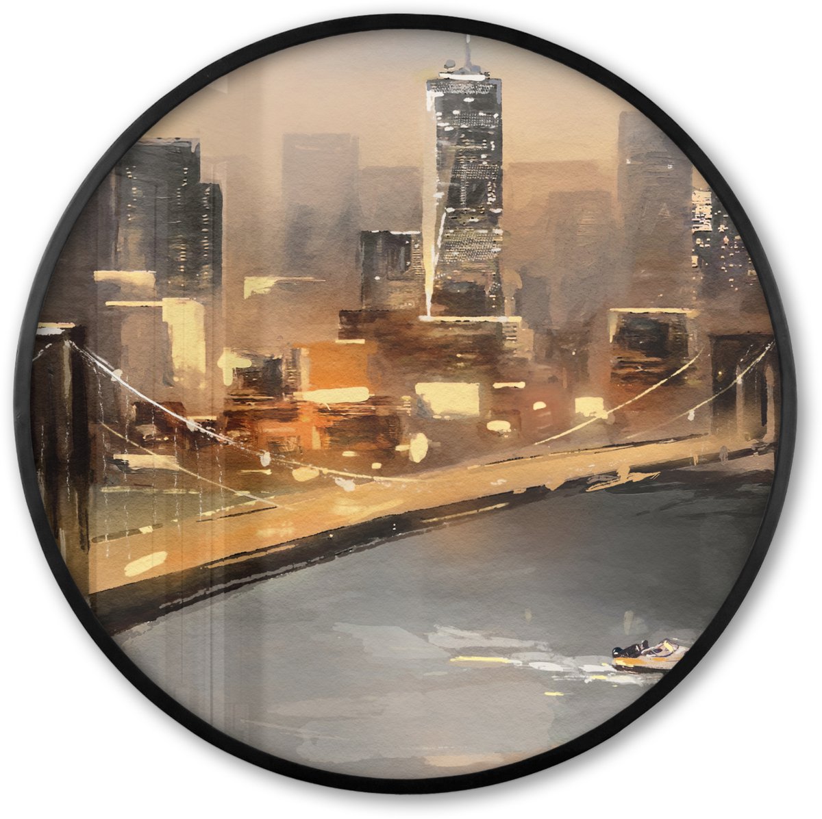 FrameYourWall Poster in lijst Rond - Fotolijst 80x80 cm - Posters - Schilderij - Olieverf - Skyline - Stad - Water - Ronde posterlijst zwart - Decoratie - Wanddecoratie woonkamer - Muurdecoratie slaapkamer Multicolor