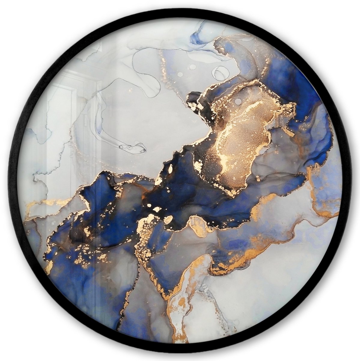 FrameYourWall Poster in lijst Rond - Fotolijst 40x40 cm - Posters - Marmer - Blauw - Goud - Ronde posterlijst zwart - Decoratie - Wanddecoratie woonkamer - Muurdecoratie slaapkamer