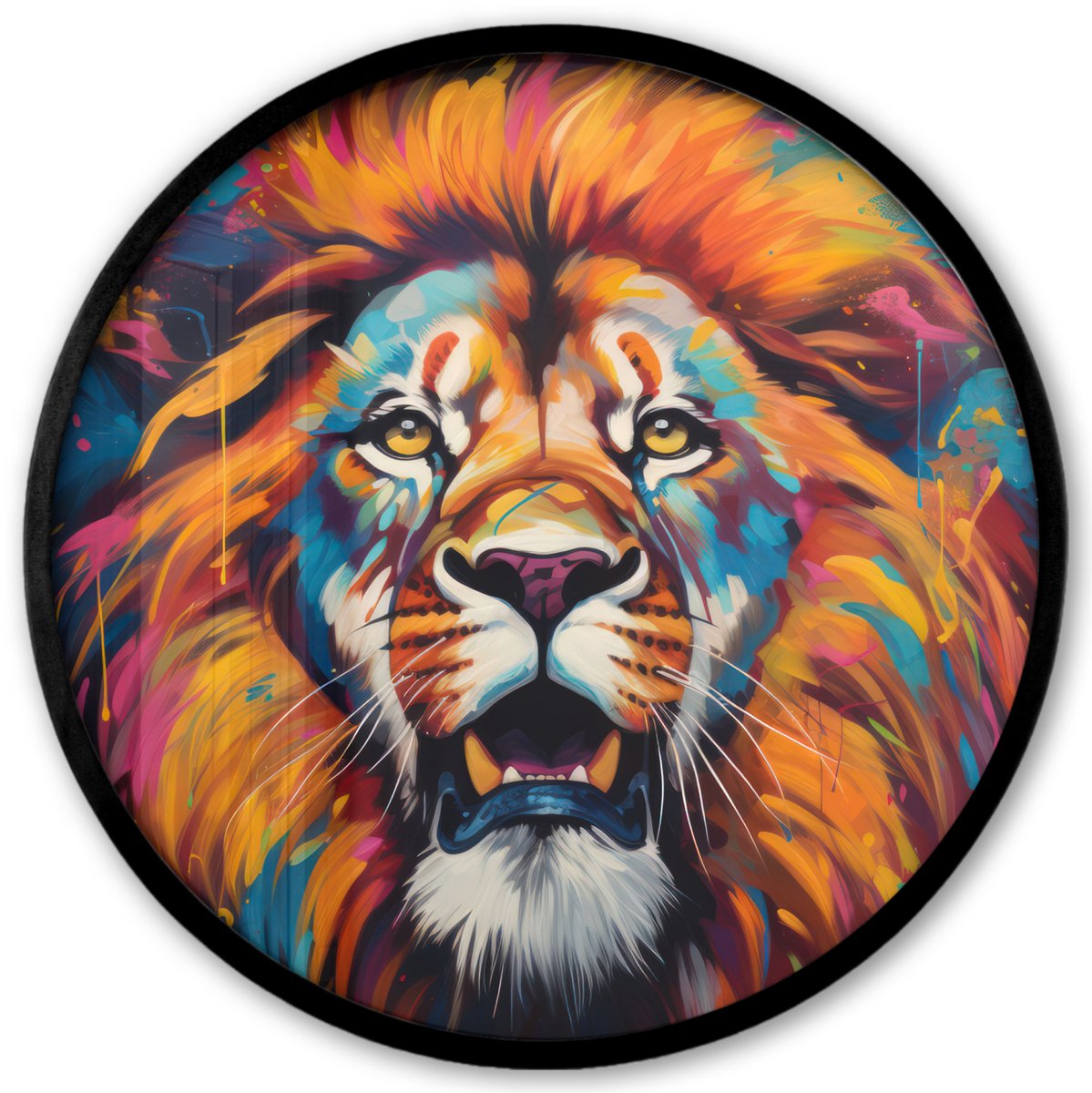FrameYourWall Poster in lijst Rond - Fotolijst 40x40 cm - Posters - Leeuw - Graffiti - Dieren - Zwart - Ronde posterlijst zwart - Decoratie - Wanddecoratie woonkamer - Muurdecoratie slaapkamer Multi