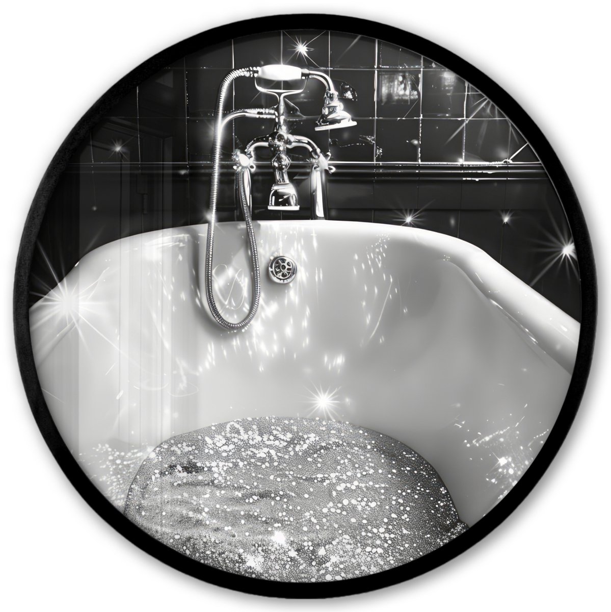 FrameYourWall Poster in lijst Rond - Fotolijst 40x40 cm - Posters - Badkuip - Glitters - Zwart wit - Badkamer - Ronde posterlijst zwart - Decoratie - Wanddecoratie woonkamer - Muurdecoratie slaapkamer Glitter - Bad