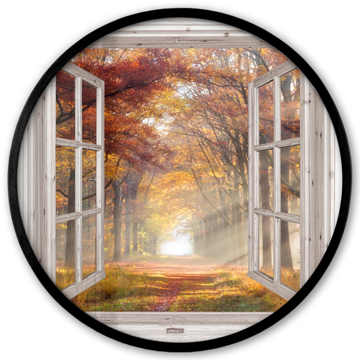 FrameYourWall Poster in lijst Rond - Fotolijst 40x40 cm - Posters - Herfst - Bos - Bomen - Natuur - Doorkijk - Ronde posterlijst zwart - Decoratie - Wanddecoratie woonkamer - Muurdecoratie slaapkamer