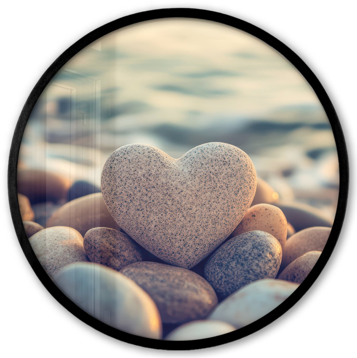 FrameYourWall Poster in lijst Rond - Fotolijst 40x40 cm - Posters - Hart - Stenen - Natuur - Keien - Zen - Kiezelstenen - Ronde posterlijst zwart - Decoratie - Wanddecoratie woonkamer - Muurdecoratie slaapkamer