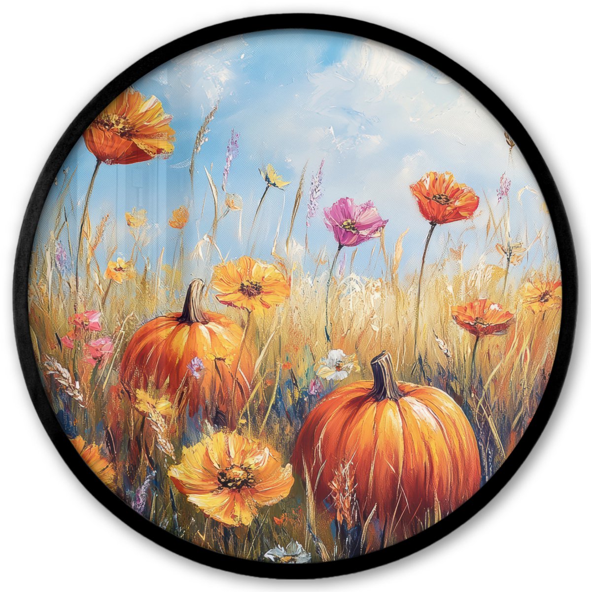FrameYourWall Poster in lijst Rond - Fotolijst 40x40 cm - Posters - Bloemen - Herfst - Pompoen - Natuur - Landschap - Ronde posterlijst zwart - Decoratie - Wanddecoratie woonkamer - Muurdecoratie slaapkamer Oranje