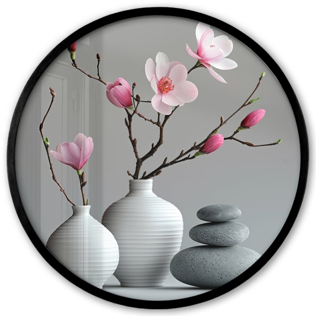 FrameYourWall Poster in lijst Rond - Fotolijst 40x40 cm - Posters - Magnolia - Bloemen - Roze - Zen stenen - Ronde posterlijst zwart - Decoratie - Wanddecoratie woonkamer - Muurdecoratie slaapkamer Bloemen - Vaas
