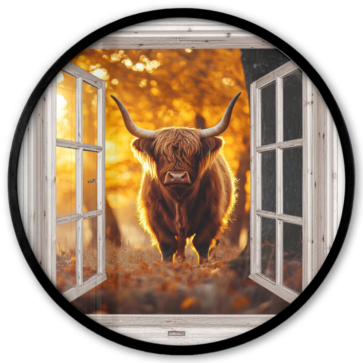 FrameYourWall Poster in lijst Rond - Fotolijst 40x40 cm - Posters - Schotse hooglander - Bos - Herfst - Dieren - Natuur - Bladeren - Doorkijk - Ronde posterlijst zwart - Decoratie - Wanddecoratie woonkamer - Muurdecoratie slaapkamer