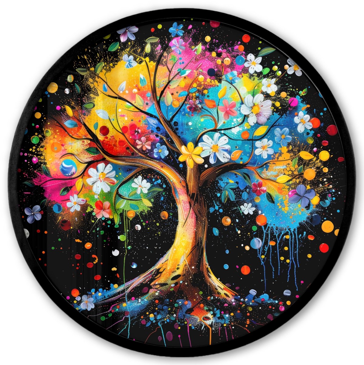 FrameYourWall Poster in lijst Rond - Fotolijst 40x40 cm - Posters - Boom - Kleurrijk - Bloemen - Zwart - Ronde posterlijst zwart - Decoratie - Wanddecoratie woonkamer - Muurdecoratie slaapkamer
