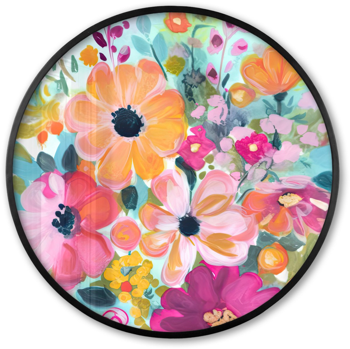 FrameYourWall Poster in lijst Rond - Fotolijst 60x60 cm - Posters - Bloemen - Schilderij - Natuur - Botanisch - Ronde posterlijst zwart - Decoratie - Wanddecoratie woonkamer - Muurdecoratie slaapkamer Bloemen - Kleuren