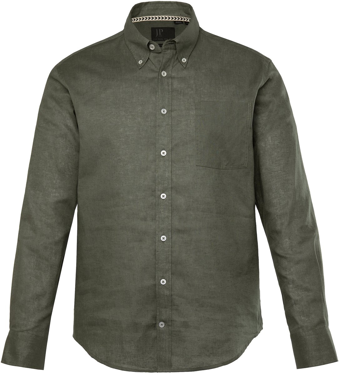 JP 1880 - Heren - Overhemd van een linnenmix lange mouwen button-down kraag - Grijs groen - Maat 7XL