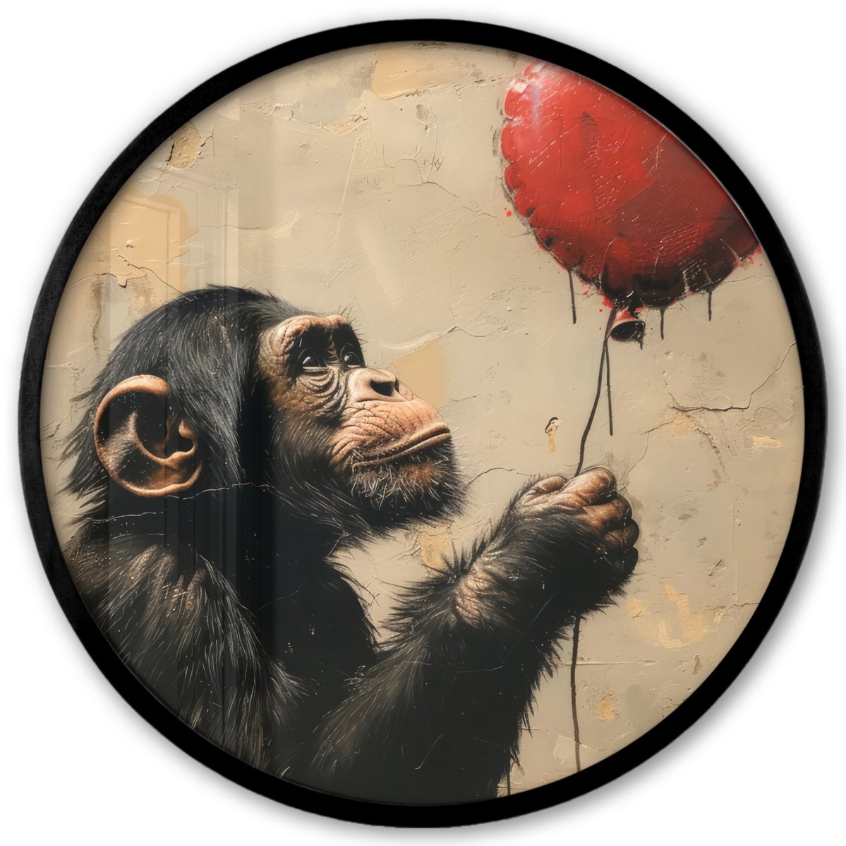 FrameYourWall Poster in lijst Rond - Fotolijst 40x40 cm - Posters - Street art - Chimpansee - Ballon - Graffiti - Banksy Style - Ronde posterlijst zwart - Decoratie - Wanddecoratie woonkamer - Muurdecoratie slaapkamer Kinderen - Ballonnen