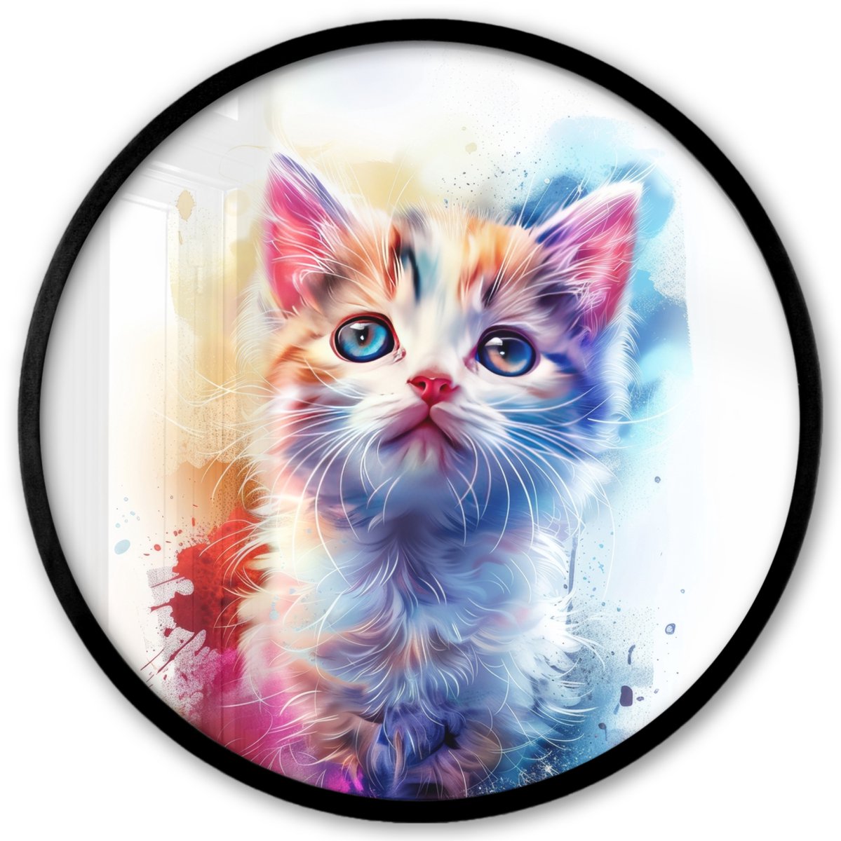 FrameYourWall Poster in lijst Rond - Fotolijst 40x40 cm - Posters - Kat - Portret - Kleuren - Verf - Wit - Ronde posterlijst zwart - Decoratie - Wanddecoratie woonkamer - Muurdecoratie slaapkamer Kat - Kleurrijk