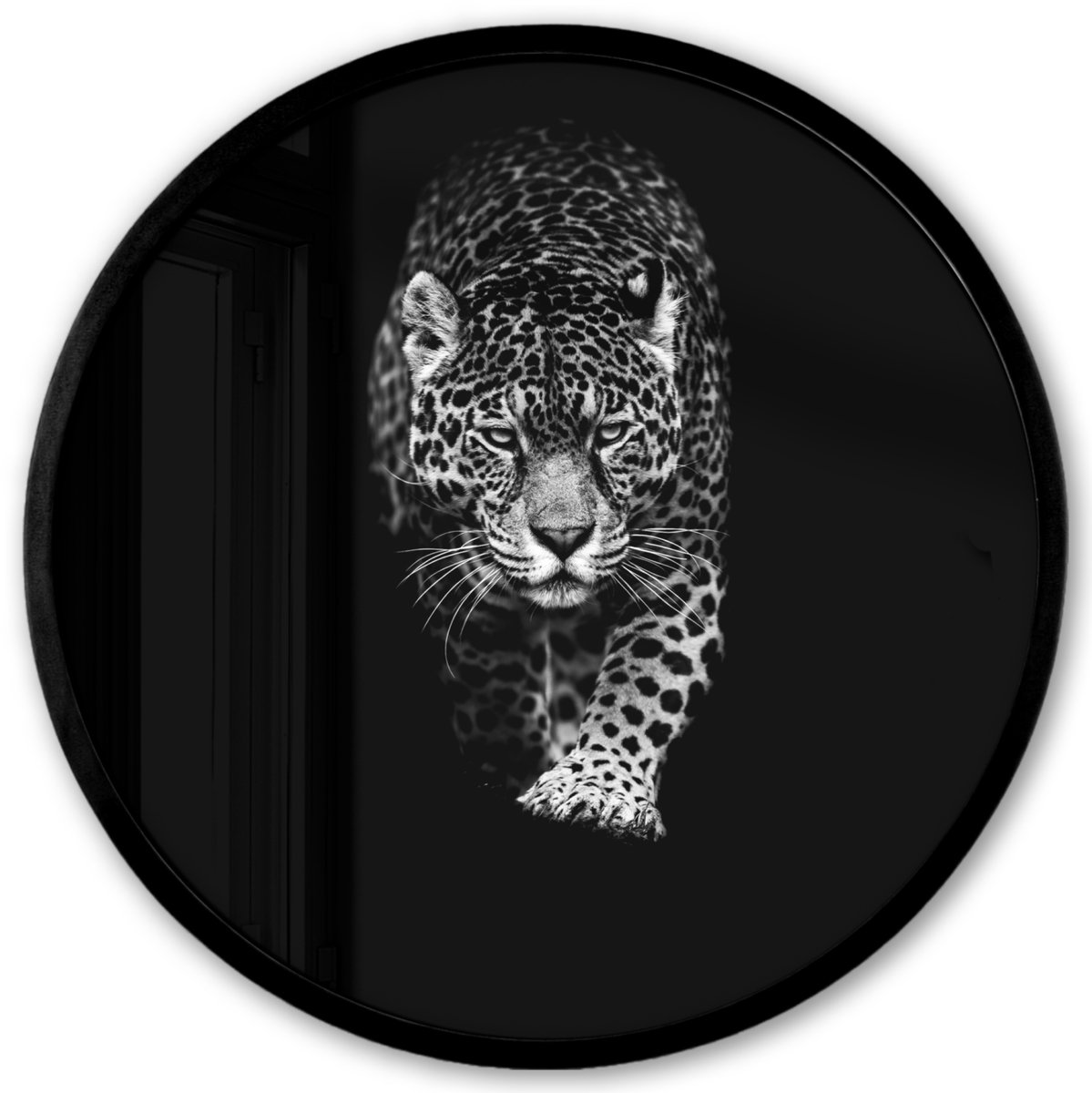 FrameYourWall Poster in lijst Rond - Fotolijst 40x40 cm - Posters - Dieren - Zwart - Luipaard - Wit - Wild - Ronde posterlijst zwart - Decoratie - Wanddecoratie woonkamer - Muurdecoratie slaapkamer Panter - Zwart wit