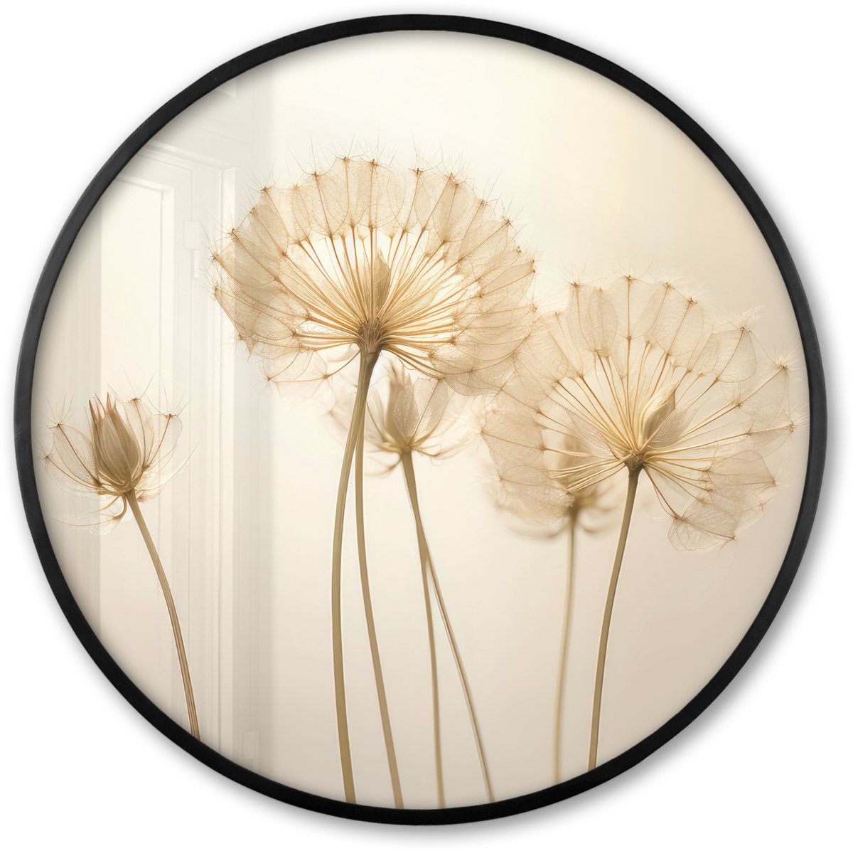 FrameYourWall Poster in lijst Rond - Fotolijst 80x80 cm - Posters - Zonlicht - Paardenbloem - Botanisch - Bloemen - Ronde posterlijst zwart - Decoratie - Wanddecoratie woonkamer - Muurdecoratie slaapkamer Bloemen - Paardenbloem