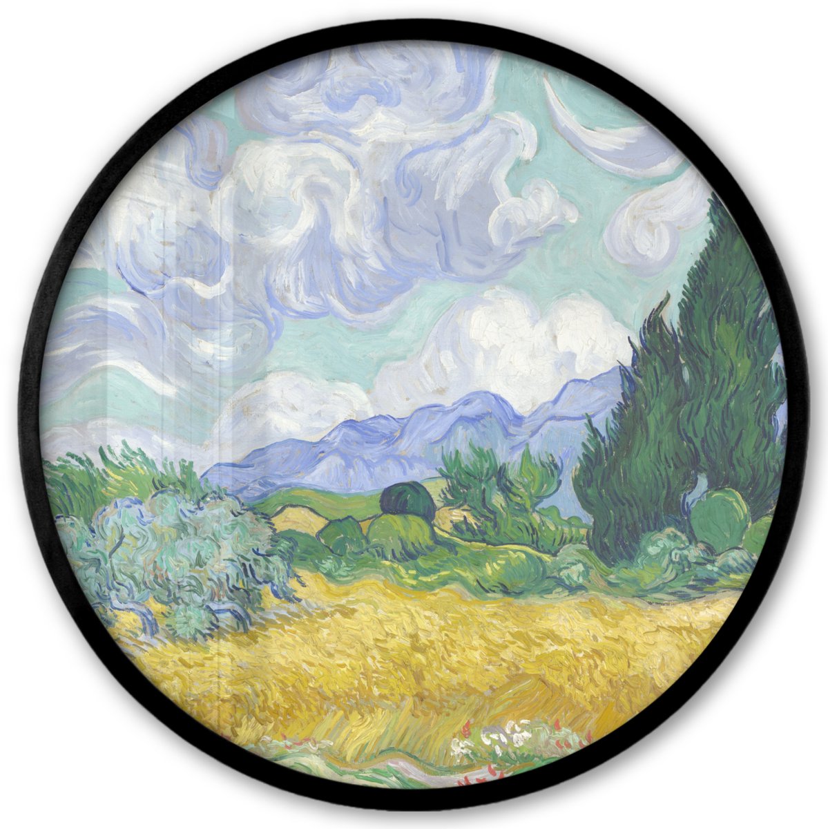 FrameYourWall Poster in lijst Rond - Fotolijst 40x40 cm - Posters - Korenveld met cipressen - Vincent van Gogh - Ronde posterlijst zwart - Decoratie - Wanddecoratie woonkamer - Muurdecoratie slaapkamer Multicolor