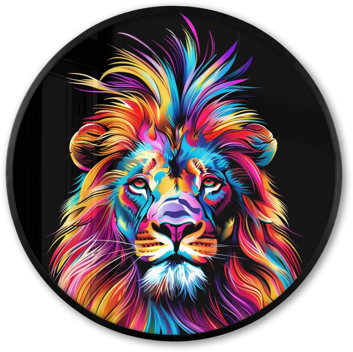 FrameYourWall Poster in lijst Rond - Fotolijst 80x80 cm - Posters - Leeuwen - Kleurrijk - Zwart - Dieren - Ronde posterlijst zwart - Decoratie - Wanddecoratie woonkamer - Muurdecoratie slaapkamer