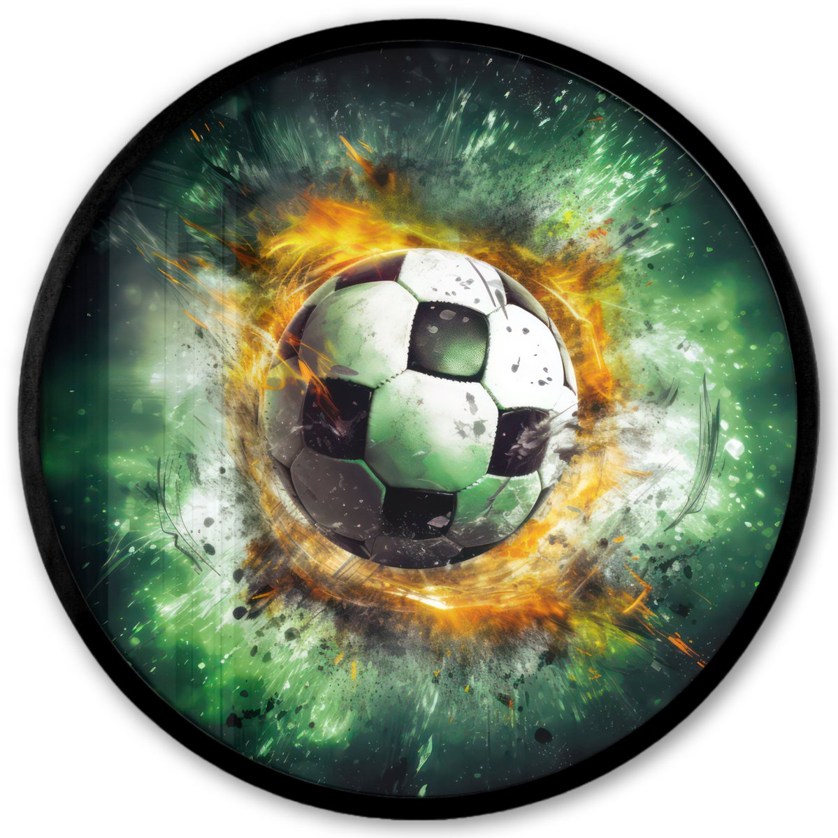 FrameYourWall Poster in lijst Rond - Fotolijst 40x40 cm - Posters - Bal - Voetbal - Groen - Oranje - Rook - Ronde posterlijst zwart - Decoratie - Wanddecoratie woonkamer - Muurdecoratie slaapkamer
