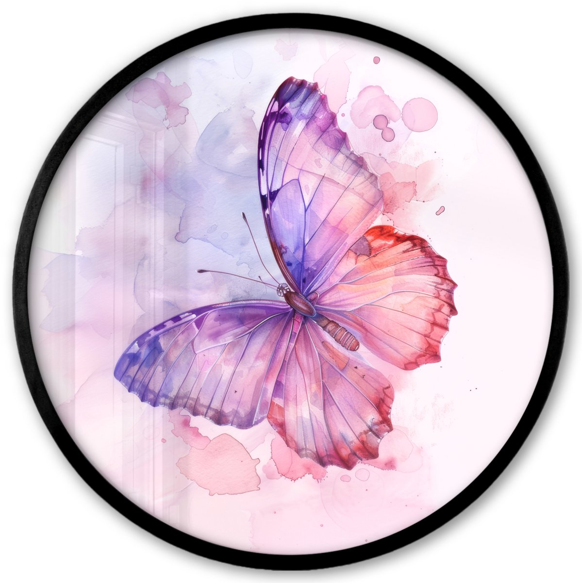 FrameYourWall Poster in lijst Rond - Fotolijst 40x40 cm - Posters - Vlinder - Paars - Pastel kleuren - Verf - Ronde posterlijst zwart - Decoratie - Wanddecoratie woonkamer - Muurdecoratie slaapkamer