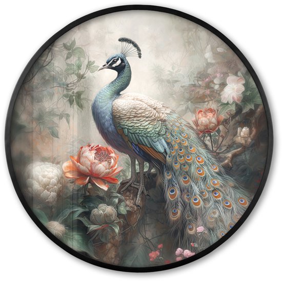 Ronde poster met een pauw tussen bloemen, in een zwarte lijst.