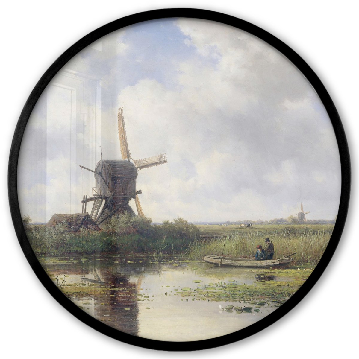 FrameYourWall Poster in lijst Rond - Fotolijst 40x40 cm - Posters - Molen - Willem Roelofs - Oude meesters - Kunst - Ronde posterlijst zwart - Decoratie - Wanddecoratie woonkamer - Muurdecoratie slaapkamer Polderlandschap met molen