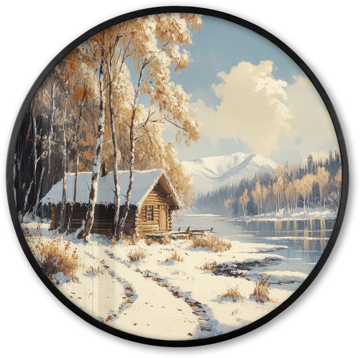 FrameYourWall Poster in lijst Rond - Fotolijst 80x80 cm - Posters - Winter - Sneeuw - Huis - Natuur - Ronde posterlijst zwart - Decoratie - Wanddecoratie woonkamer - Muurdecoratie slaapkamer Winter - Meer - Huis