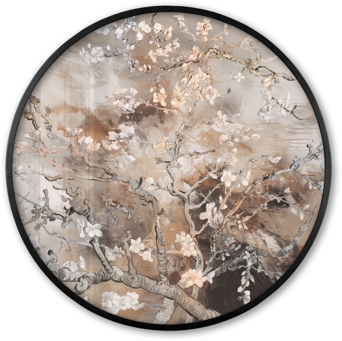 FrameYourWall Poster in lijst Rond - Fotolijst 60x60 cm - Posters - Amandelbloesem - Kunst - Van Gogh - Beige - Abstract - Ronde posterlijst zwart - Decoratie - Wanddecoratie woonkamer - Muurdecoratie slaapkamer