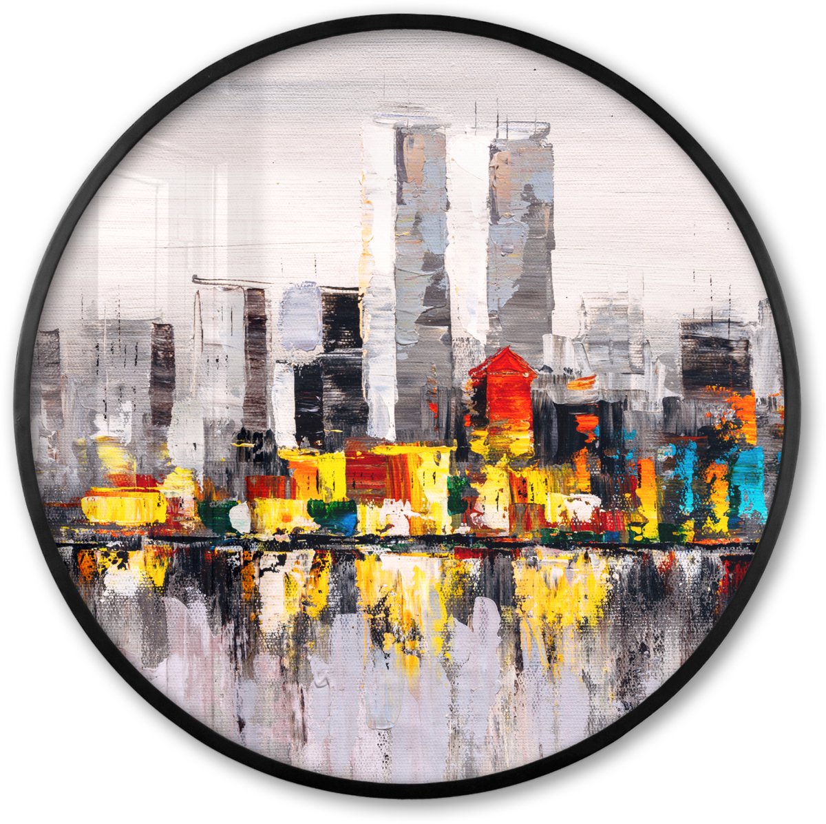 FrameYourWall Poster in lijst Rond - Fotolijst 60x60 cm - Posters - Schilderij - Skyline - Kleuren - Olieverf - Ronde posterlijst zwart - Decoratie - Wanddecoratie woonkamer - Muurdecoratie slaapkamer Multicolor