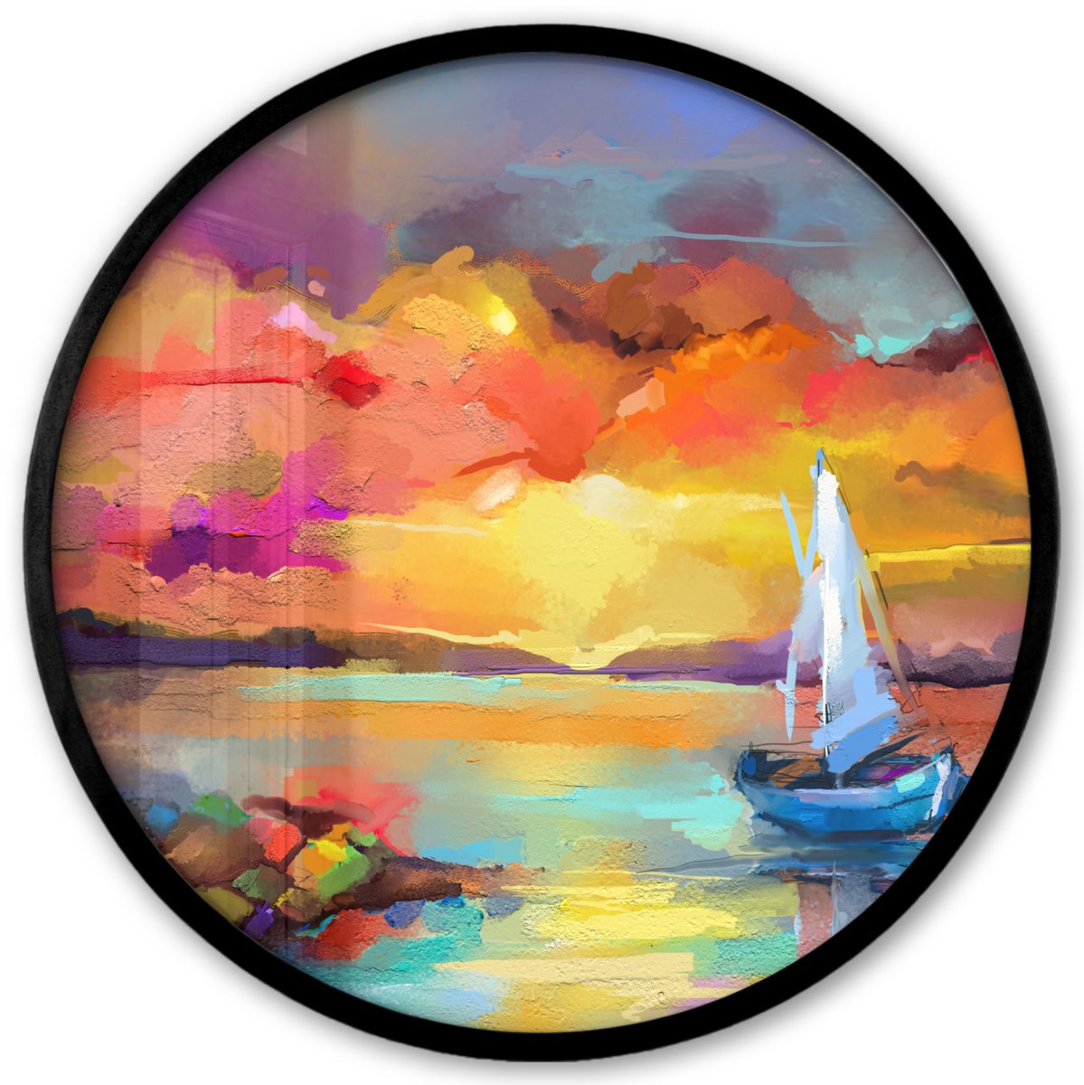FrameYourWall Poster in lijst Rond - Fotolijst 40x40 cm - Posters - Schilderij - Olieverf - Boot - Kleuren - Ronde posterlijst zwart - Decoratie - Wanddecoratie woonkamer - Muurdecoratie slaapkamer Kleurrijk - Boot