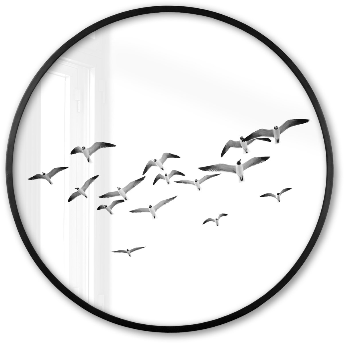 FrameYourWall Poster in lijst Rond - Fotolijst 60x60 cm - Posters - Vogels - Zwart wit - Natuur - Lucht - Ronde posterlijst zwart - Decoratie - Wanddecoratie woonkamer - Muurdecoratie slaapkamer