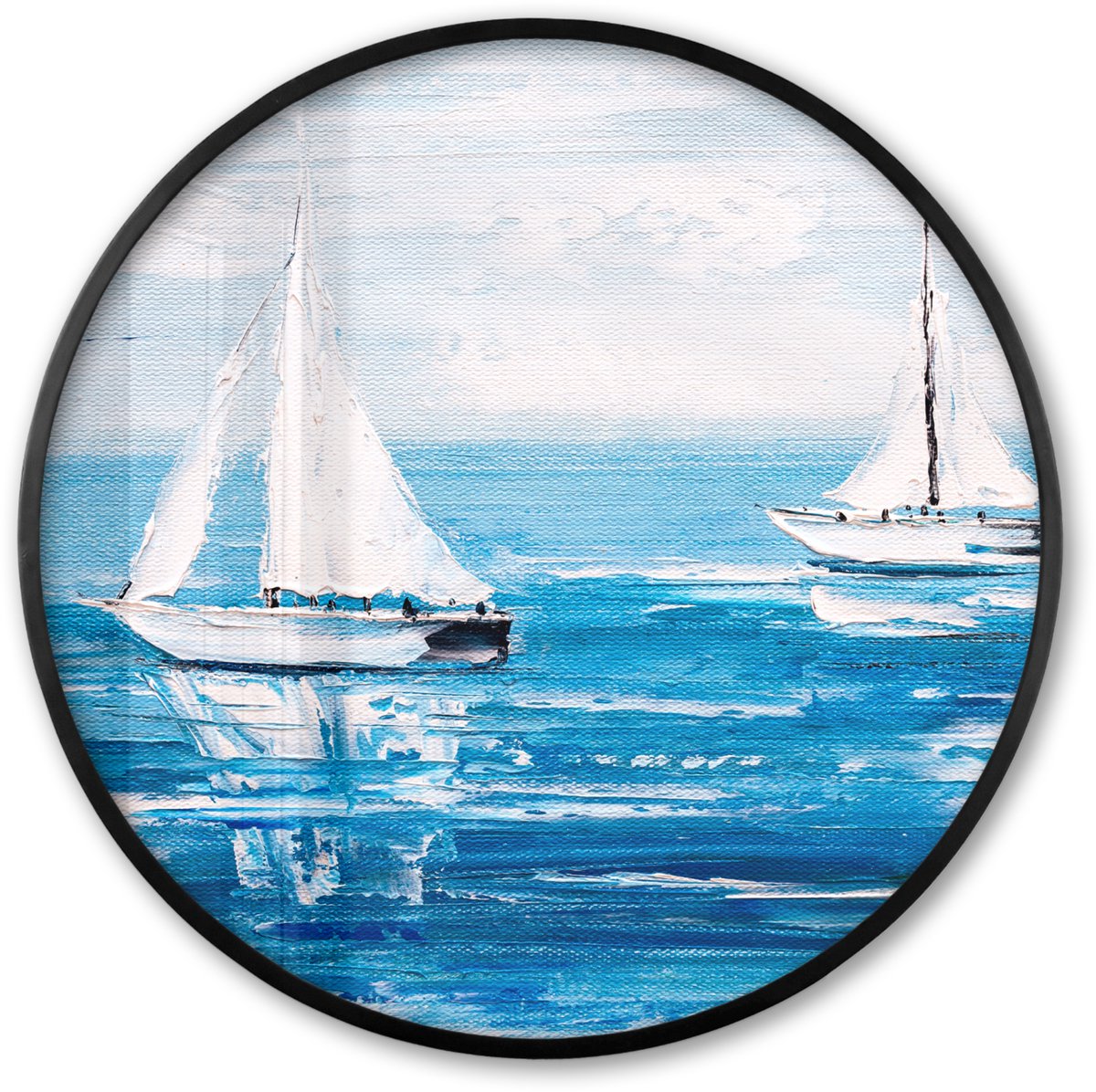 FrameYourWall Poster in lijst Rond - Fotolijst 80x80 cm - Posters - Schilderij - Olieverf - Boot - Water - Ronde posterlijst zwart - Decoratie - Wanddecoratie woonkamer - Muurdecoratie slaapkamer Multicolor