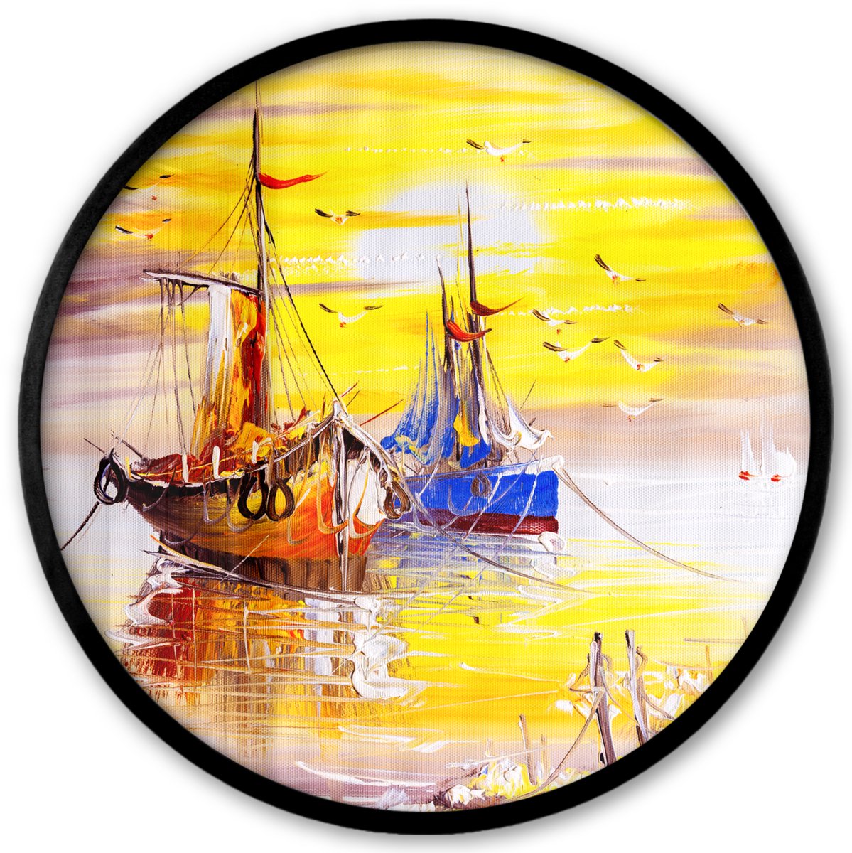 FrameYourWall Poster in lijst Rond - Fotolijst 40x40 cm - Posters - Schilderij - Boot - Water - Olieverf - Ronde posterlijst zwart - Decoratie - Wanddecoratie woonkamer - Muurdecoratie slaapkamer Olieverf - Boten