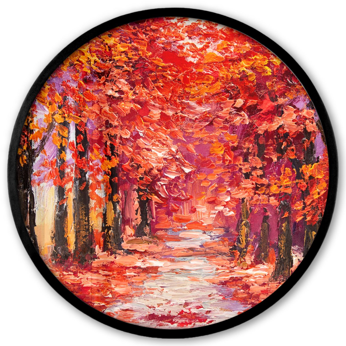 FrameYourWall Poster in lijst Rond - Fotolijst 40x40 cm - Posters - Schilderij - Bomen - Herfst - Olieverf - Ronde posterlijst zwart - Decoratie - Wanddecoratie woonkamer - Muurdecoratie slaapkamer Olieverf - Bos - Rood