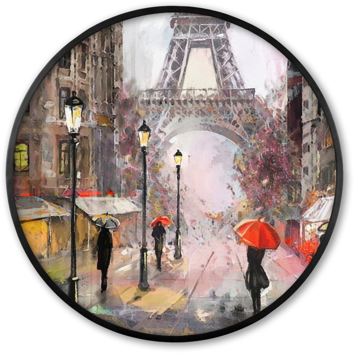 FrameYourWall Poster in lijst Rond - Fotolijst 60x60 cm - Posters - Schilderij - Parijs - Eiffeltoren - Paraplu - Olieverf - Ronde posterlijst zwart - Decoratie - Wanddecoratie woonkamer - Muurdecoratie slaapkamer Verf - Parijs