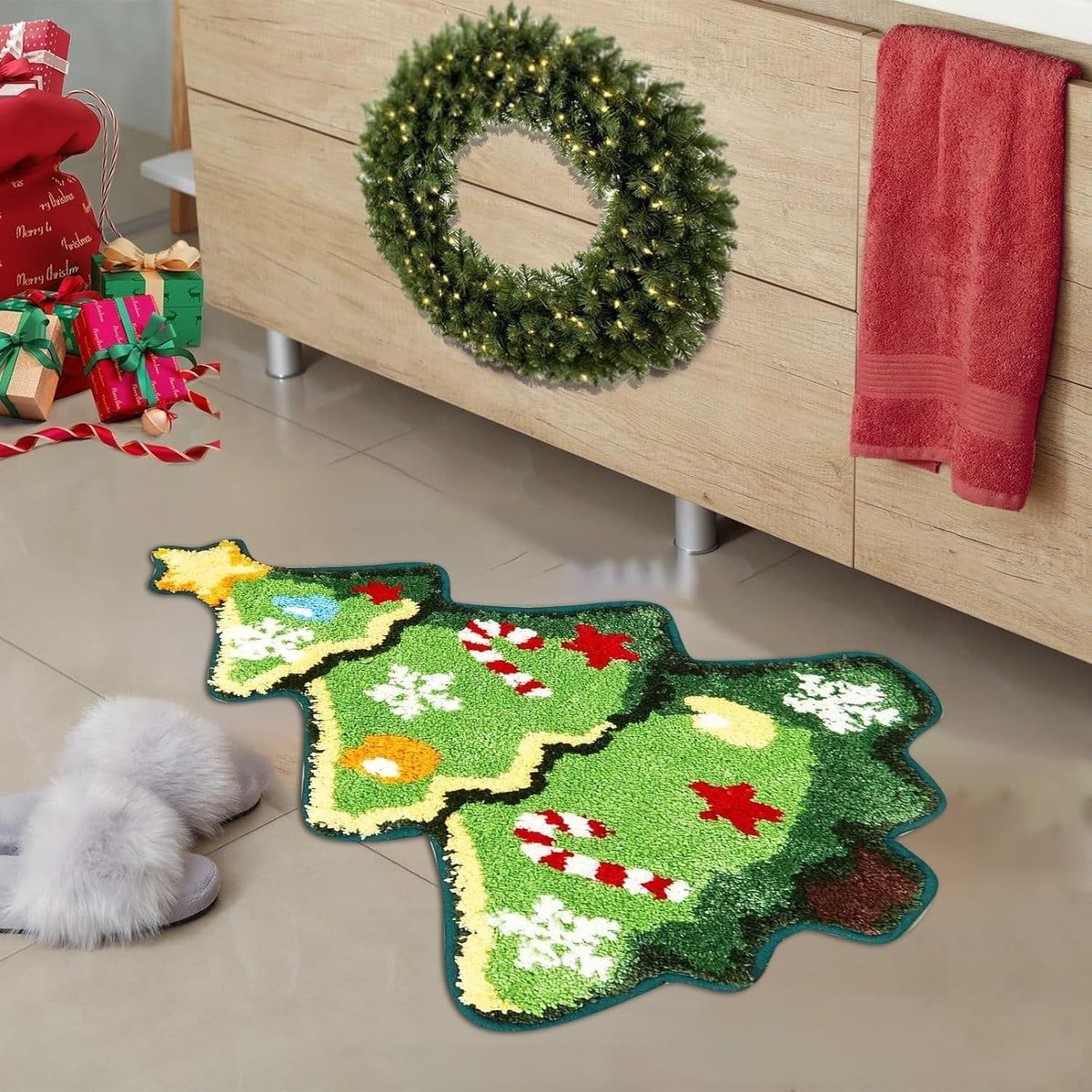 Kerstboom Vloerkleed - Antislip imitatie kasjmier tapijt - Woondecoratie Slaapkamer - Zachte Wasbare en Antislip Mat - voor Woonkamer Eetkamer Slaapkamer & Badkamer - Kerstdecoratie （ 40*60cm ）
